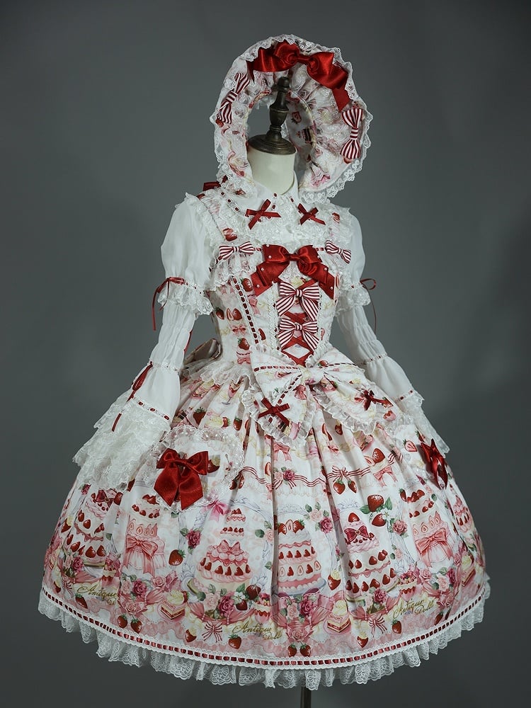 JSK Print Strawberry Sweet Accents and / Lolita White Set Bow Desserts Full