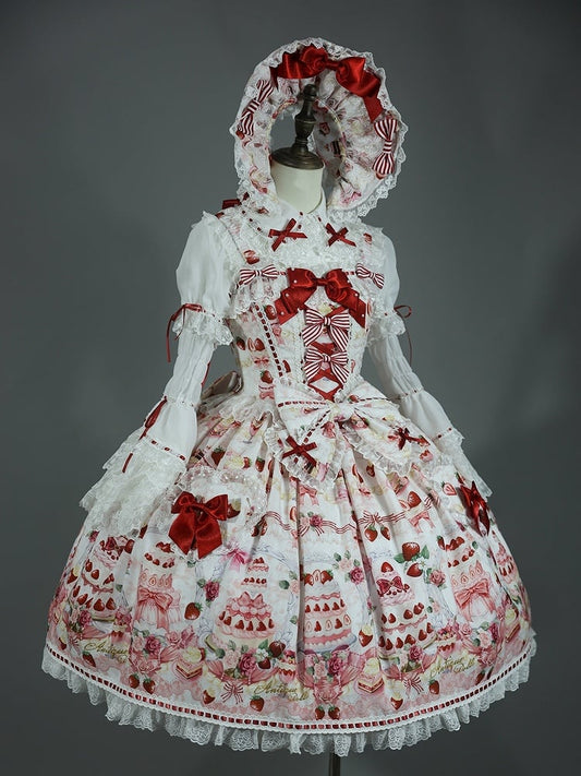 JSK Print Strawberry Sweet Accents and / Lolita White Set Bow Desserts Full