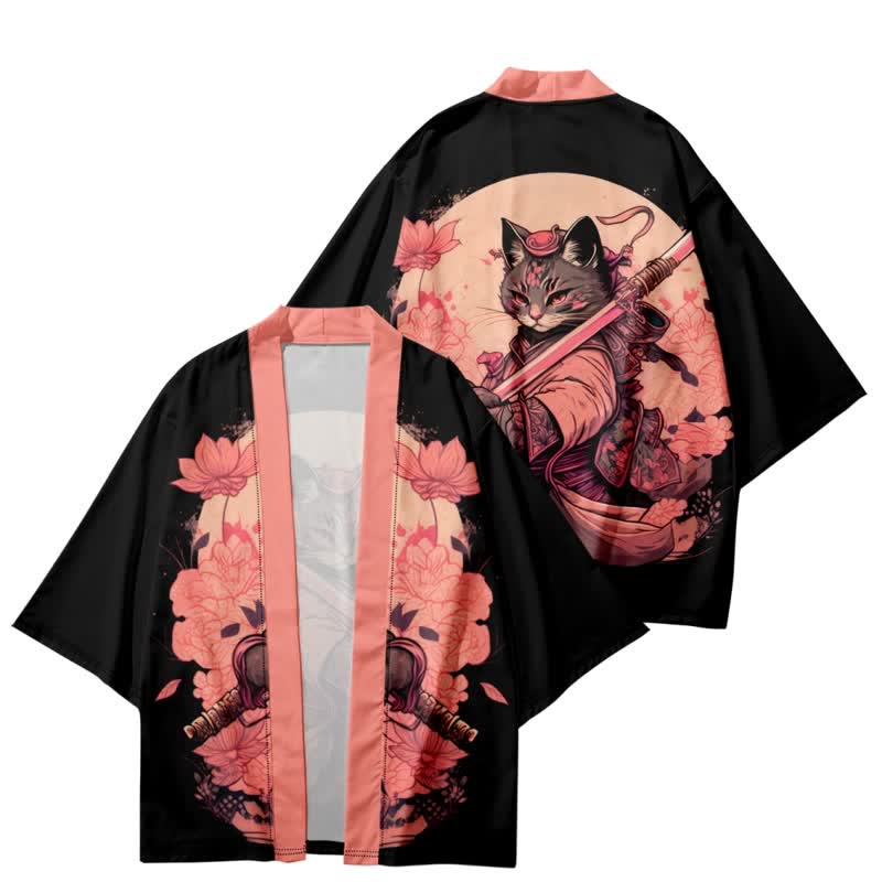 Cute Cat Warriors Print Cardigan Kimono Outerwear