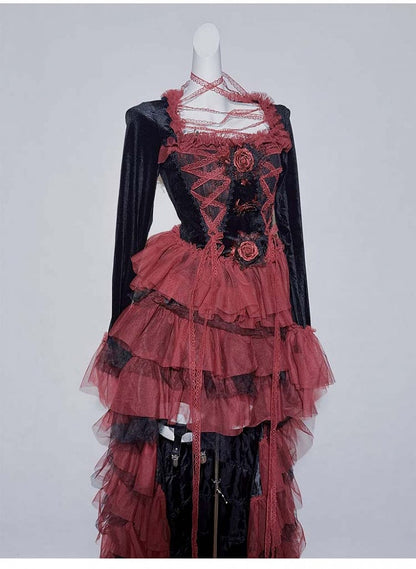 Gothic Black and Red Lace Rosette Top