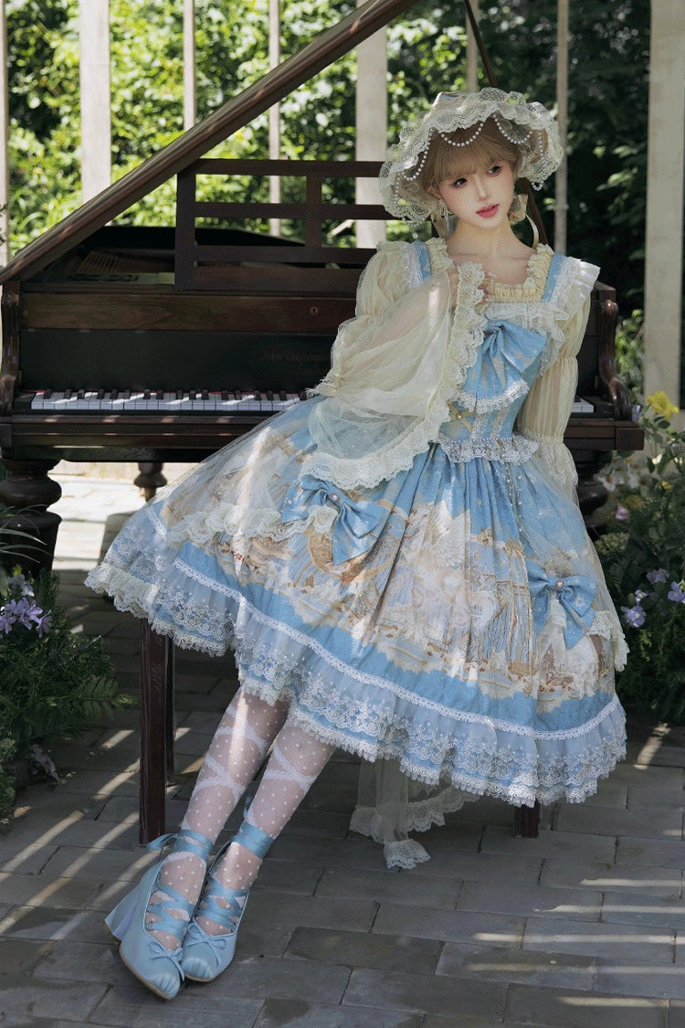 Unicorn Print Sleeveless Multi-Layer Embroidery Bow Lace Sweet Lolita Jumper Gown