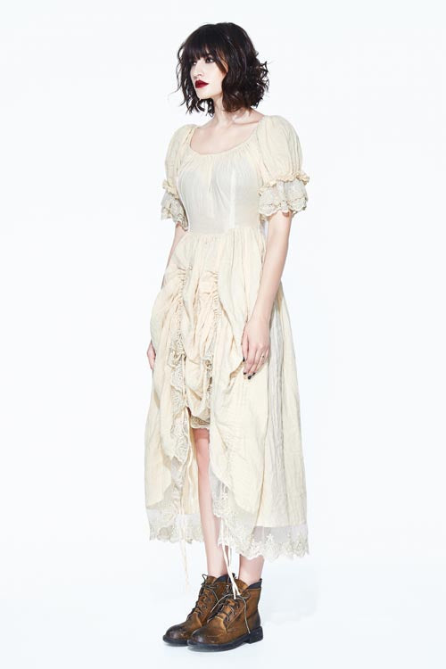 Vintage Punk Embroidered Lace Drawstring Dress - Creamy White