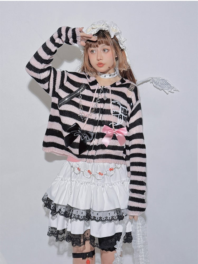 Pink Black Striped Bowknot Heart-shaped Knit Hooded Cardigan