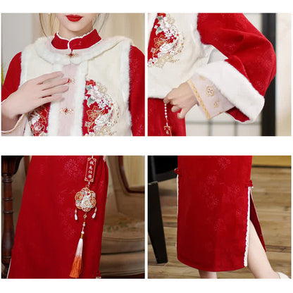 Cute Rabbit Cardigan Vest Split Cheongsam Dress