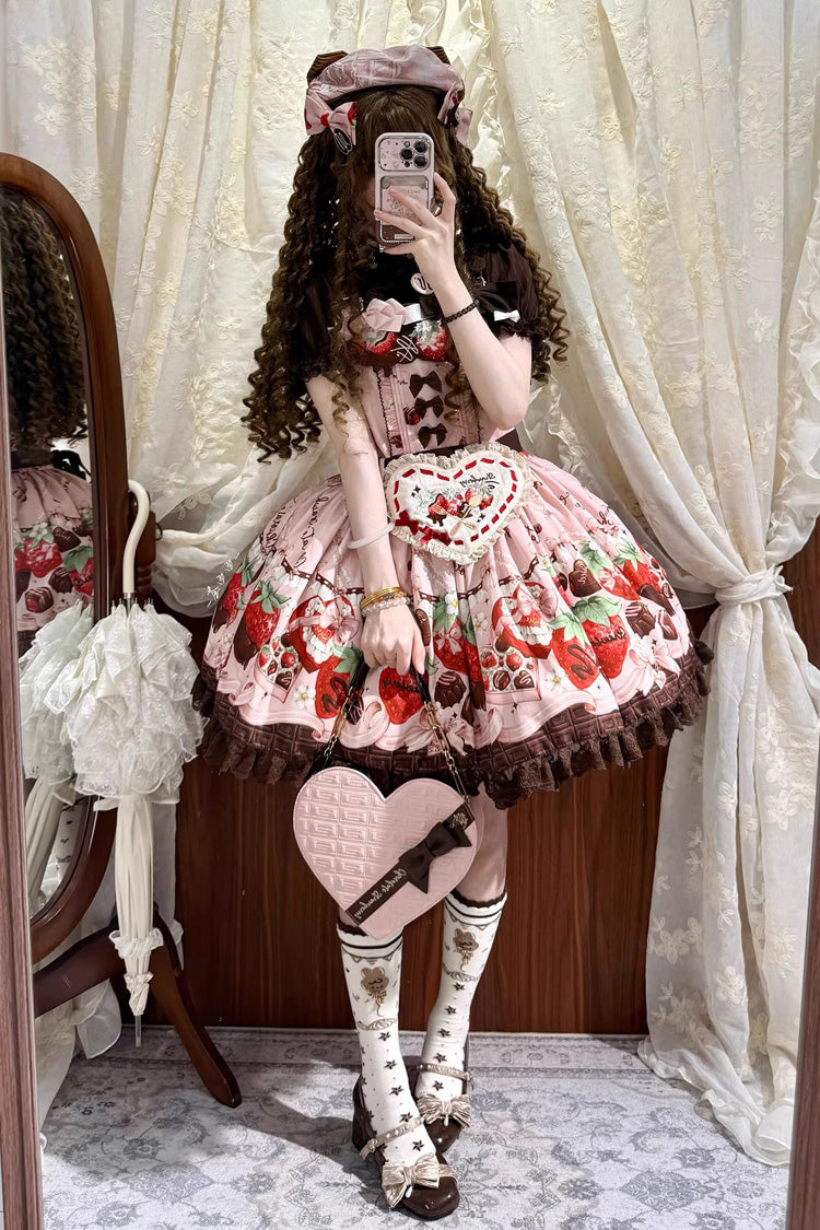 Sleeveless Printed Ruffled Embroidered Bow Lace Sweet Lolita Strap Dress - Strawberry Chocolate Lover