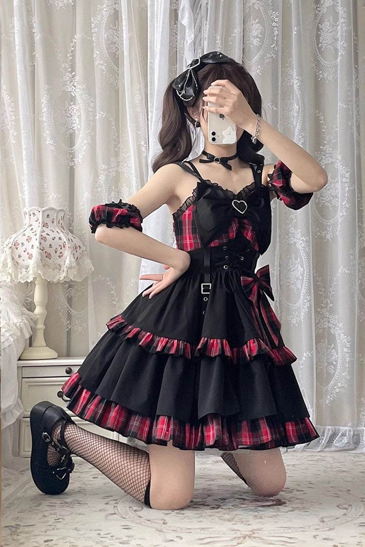 Black Red Plaid Print Color Contrast Leather Buckle Bowknot Ruffle JSK