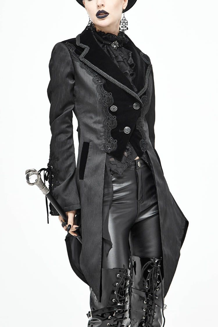 Women's Gothic Coat in Black with Decals, Metal Button Lace-Up Cuffs & Striped Jacquard