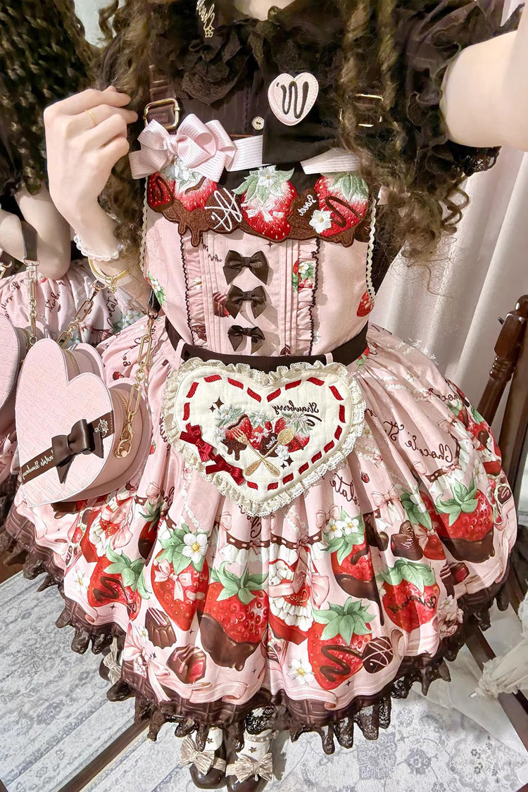 Sleeveless Printed Ruffled Embroidered Bow Lace Sweet Lolita Strap Dress - Strawberry Chocolate Lover