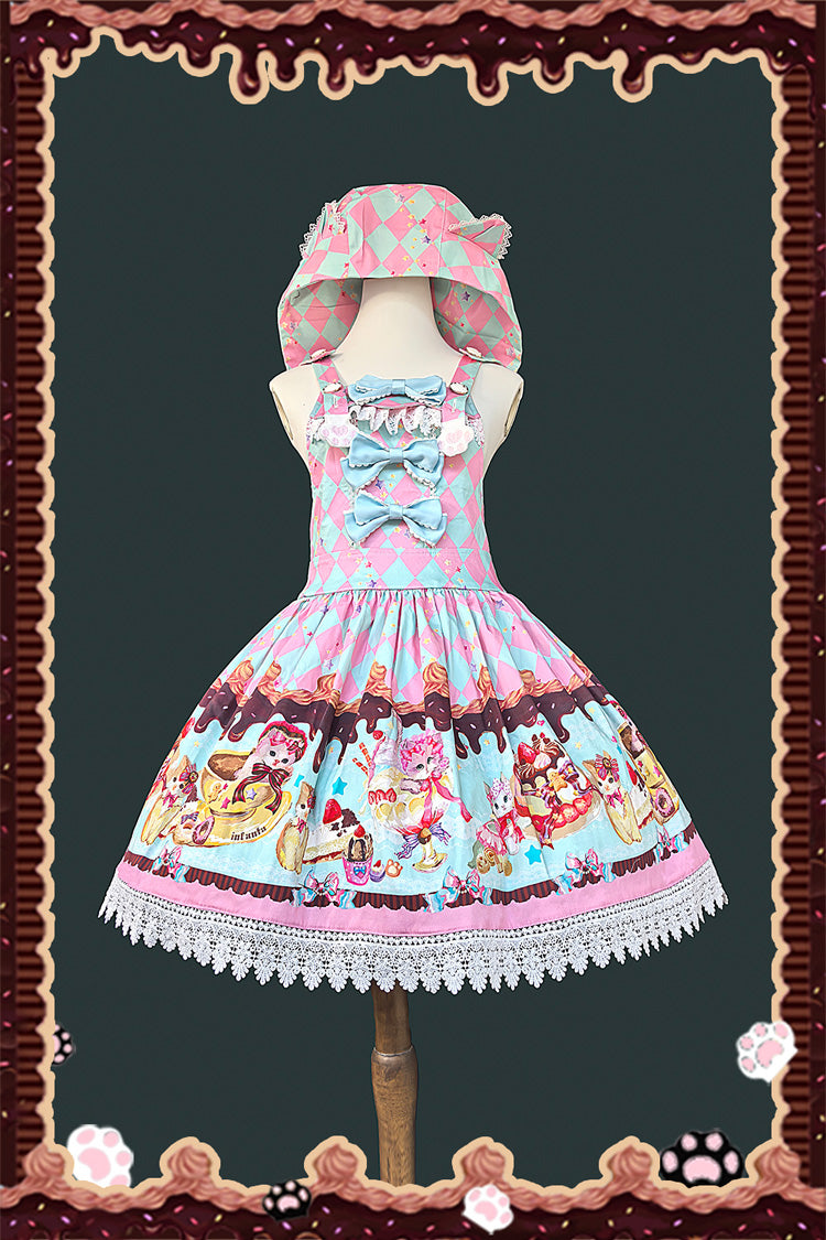 Hooded Strap Dress with Print and Bow in 3 Shades - Cream Meow