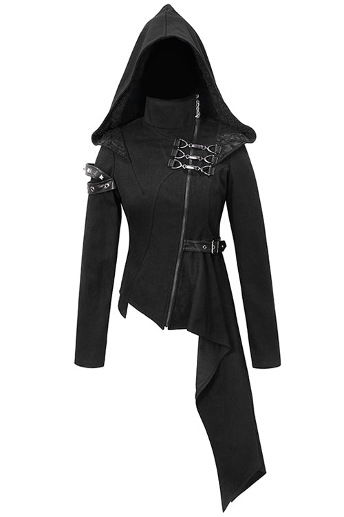 Women's Punk Jacket with Hooded Asymmetrical Zipper Design