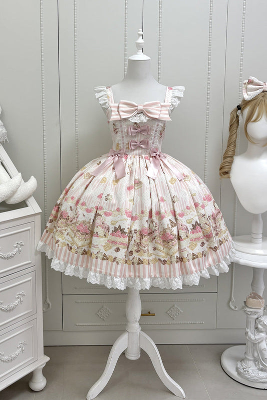Strawberry Cheesecake Square Neck Printed Bow Lace Casual Lolita JSK