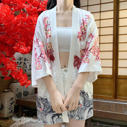 Vintage Crane Sakura Floral Print Cardigan Kimono Outerwear