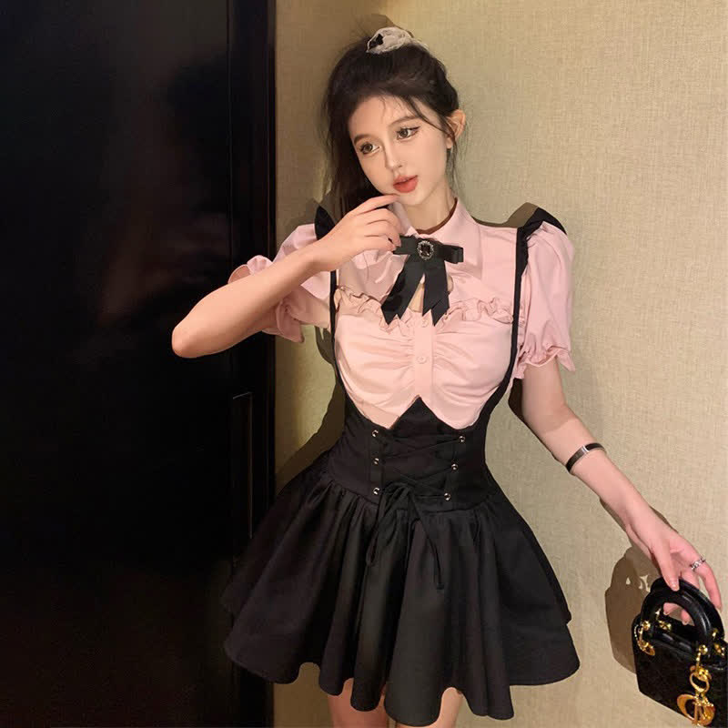 Pink Love Heart Hollow Out Bowknot T-Shirt Lace up Suspender Dress