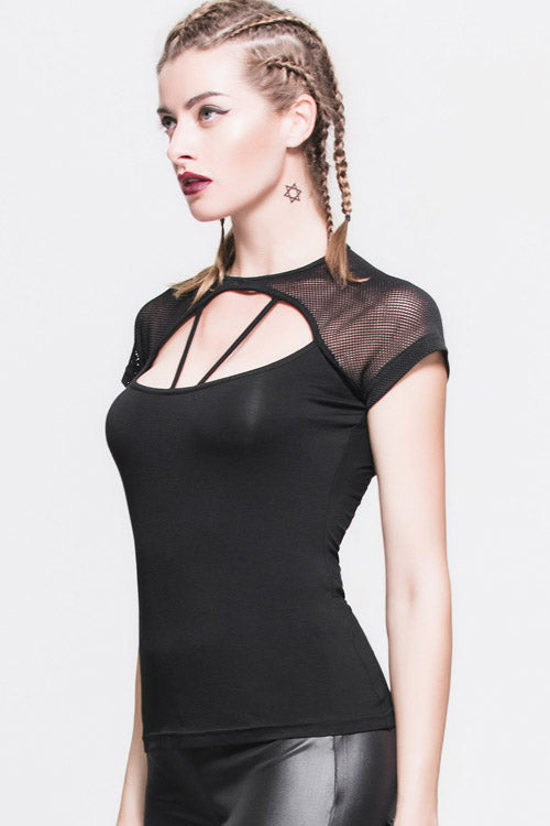 Women's Punk T-Shirt with Hollow Out Short Sleeves Mesh Shawl Lace Up Design