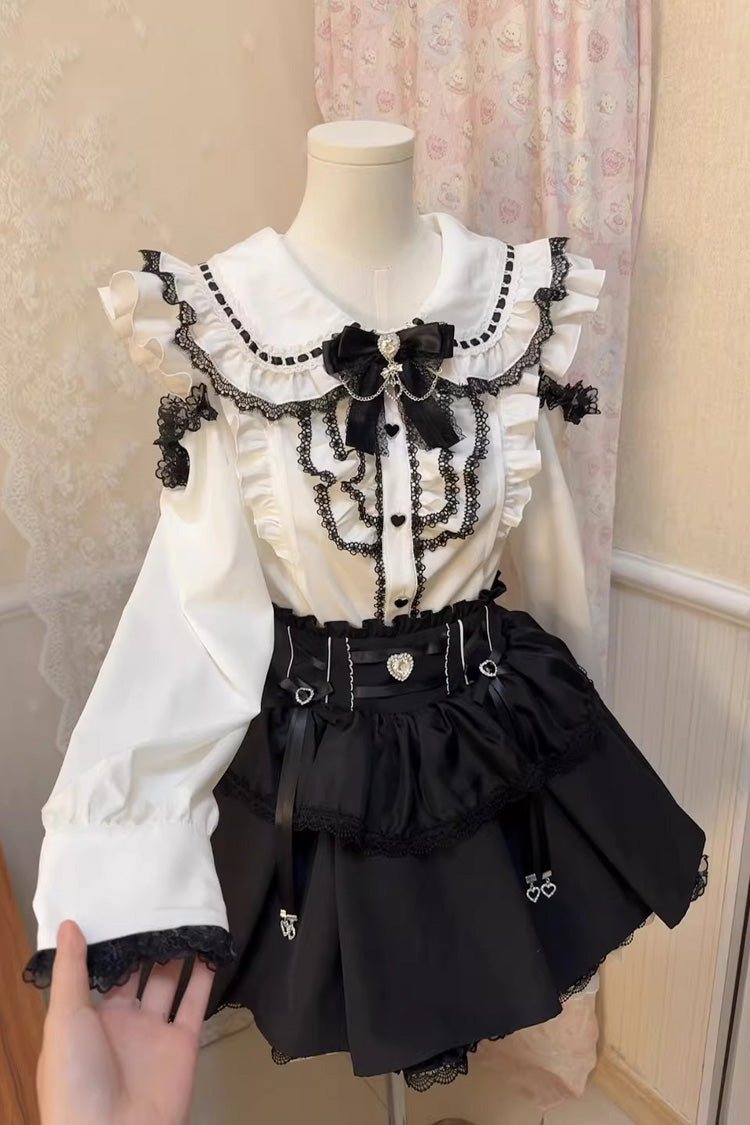 Doll Collar Long Sleeves Ruffled Bow Sweet Jirai Kei Skirt Set