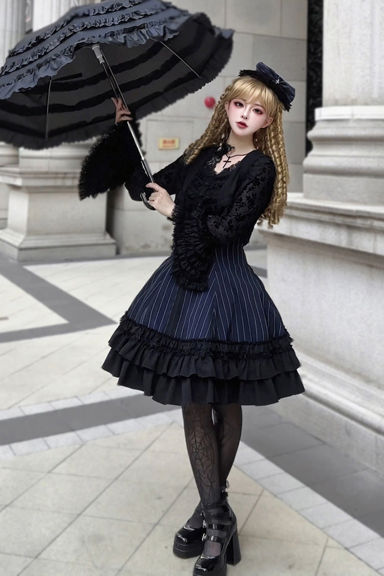 Escape Double-Layered Jacquard Striped Ruffled Slim Gothic Lolita Jumper Dress in Three Shades