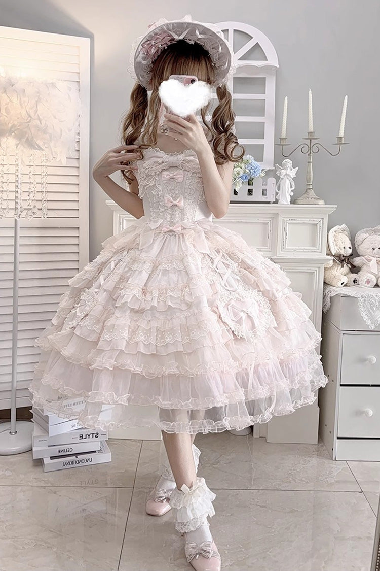 Rosy Ruffle Cascade Bow Embellished Sweetheart Lolita Jumper Dress - Sweetheart Diary