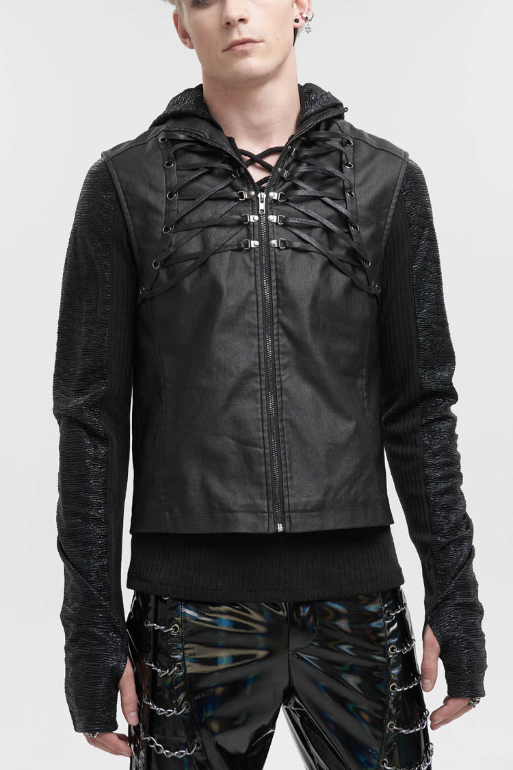 Men's Punk Vest in Black with Front & Rear String, Stretch Cotton & Stand Collar