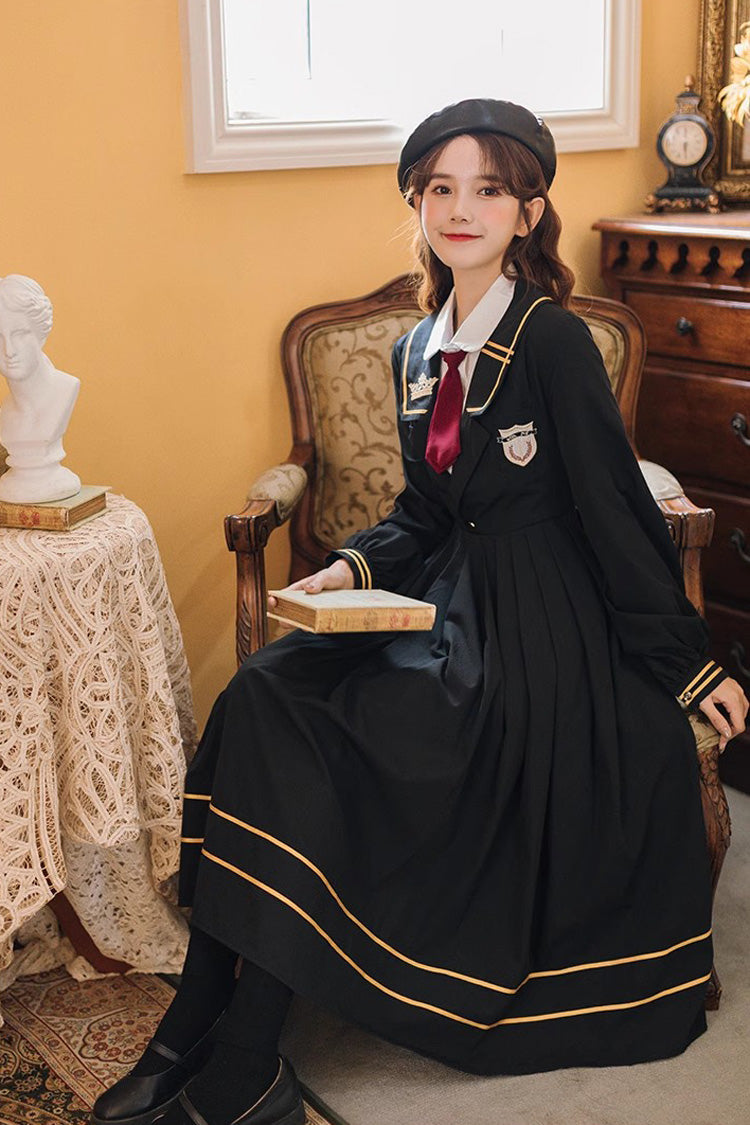 Black Embroidery Dress with Long Sleeves - College Style