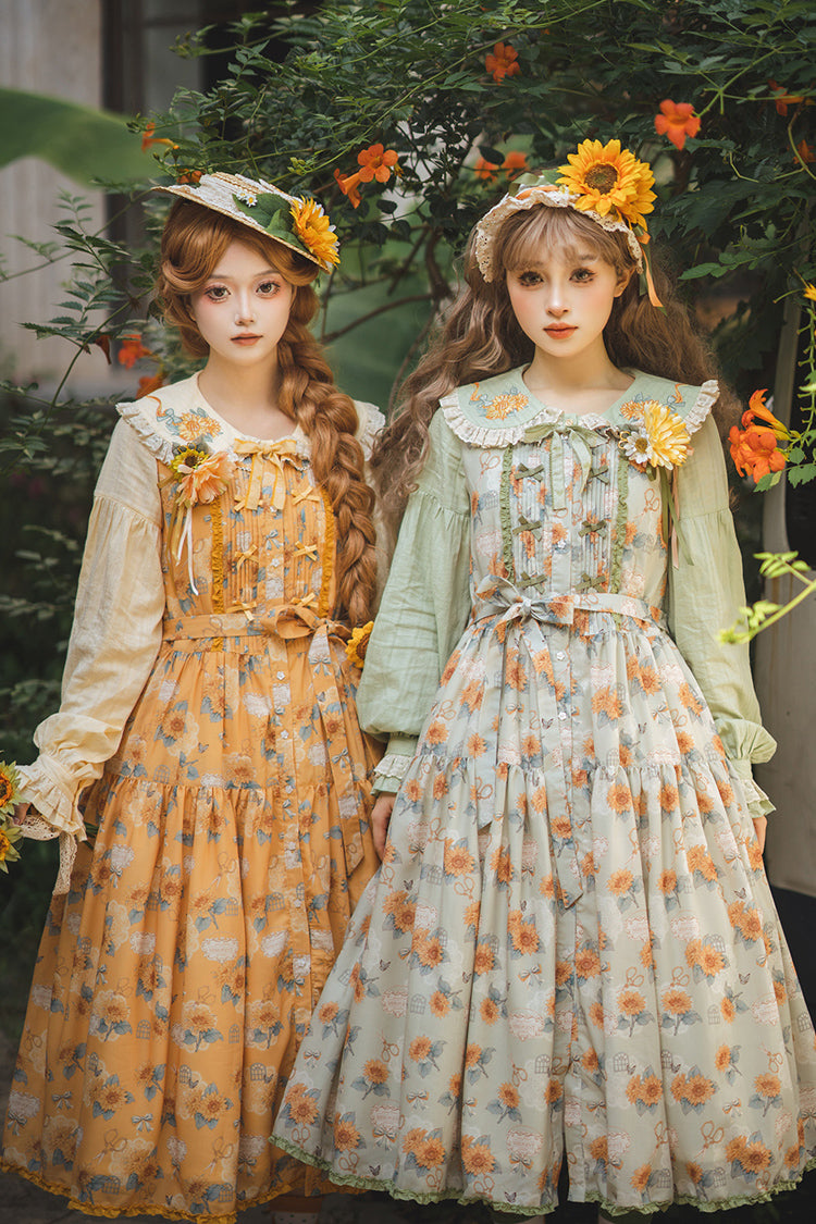 Green Sunflower Sleeveless Floral Bow Elegant Jsk Dress