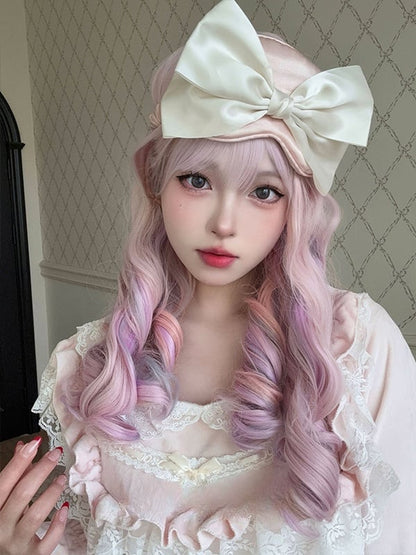 Macaroon Color Pink Purple Long Wavy Synthetic Wig With Bangs