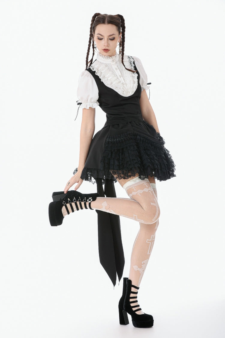 Monochrome Gothic Royal Blouse with Lace Ruffles and Stand Collar