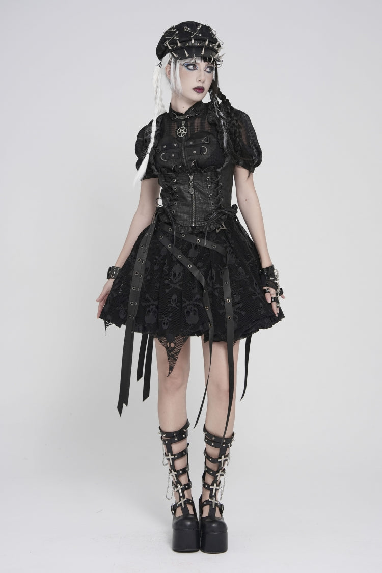 Gothic Swallow-Tail Vest for Her with Slim Zip & Lace-Up Bow
