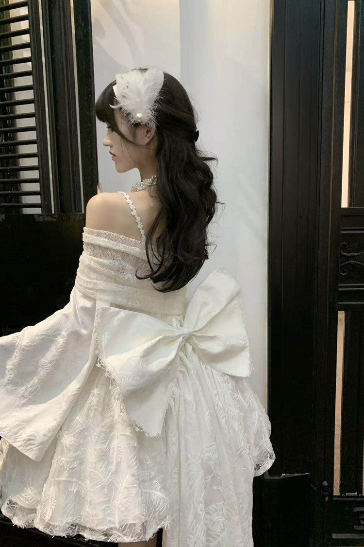 White Moonlight Off-Shoulder Jacquard Embroidered Bow Gothic JSK