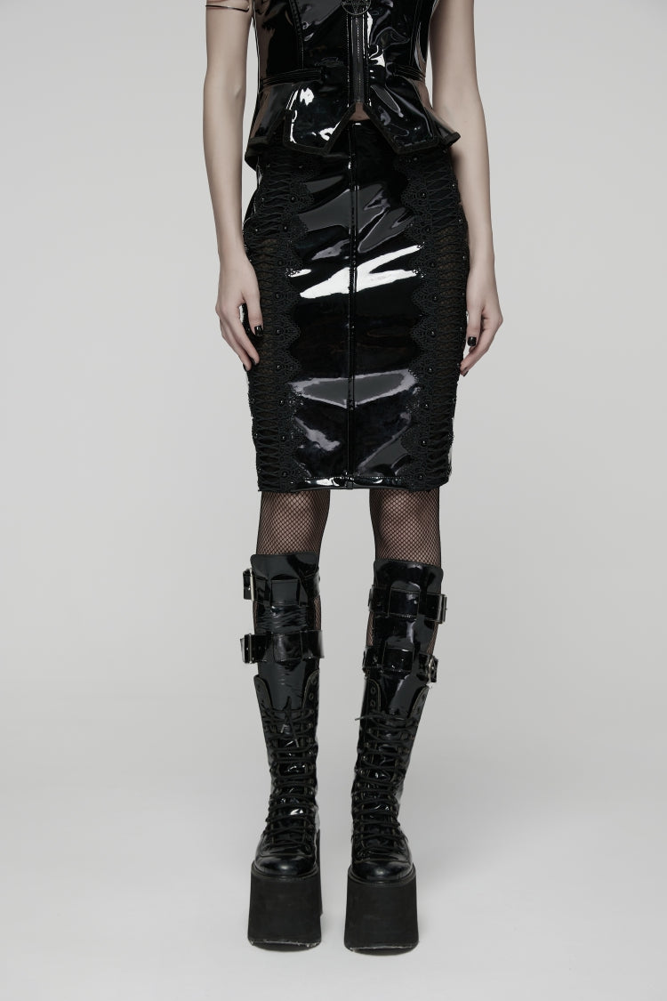 Noir Lace-Trimmed Faux Leather Gothic Midi Skirt - Dark Elegance