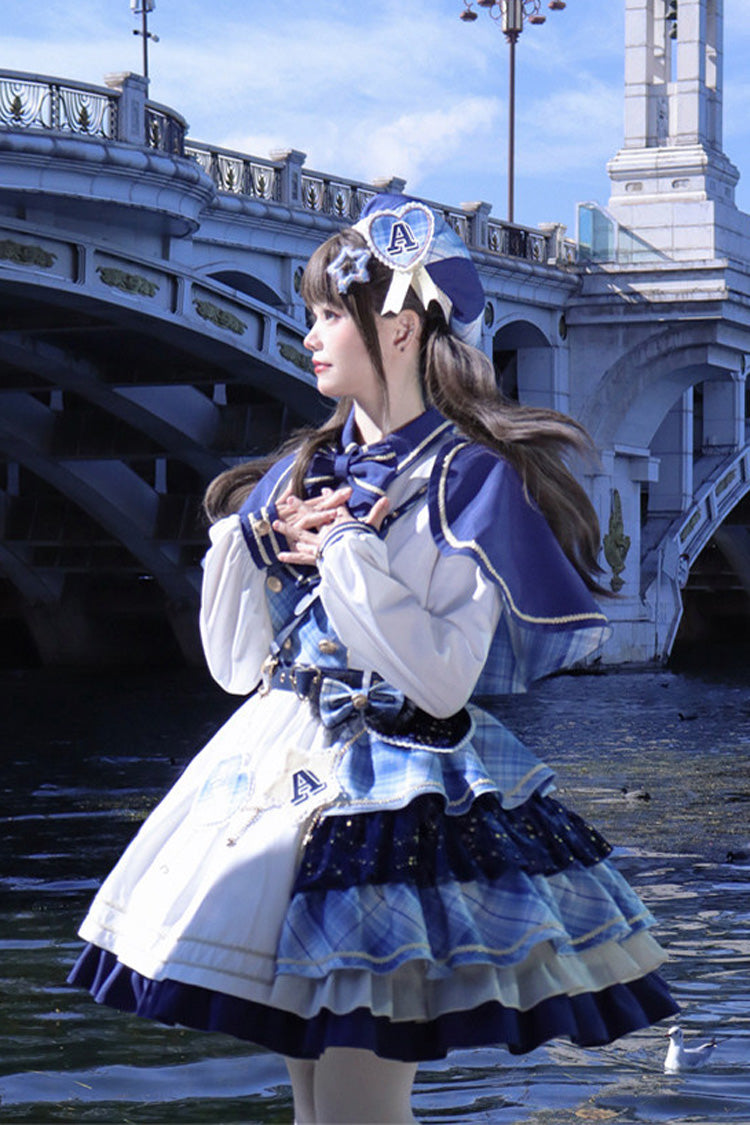White Blue Starlight Academy Style Long Sleeves Printed Ruffled Spliced Asymmetric Faux Two-Piece Sweet Dress