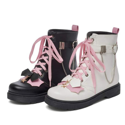 Pink Bow Knot Chain Lace-up Front Boots