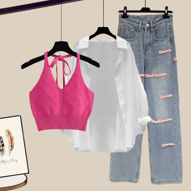 Pink Halter Top Laple Loose Shirt Letter Embroidery Denim Pants