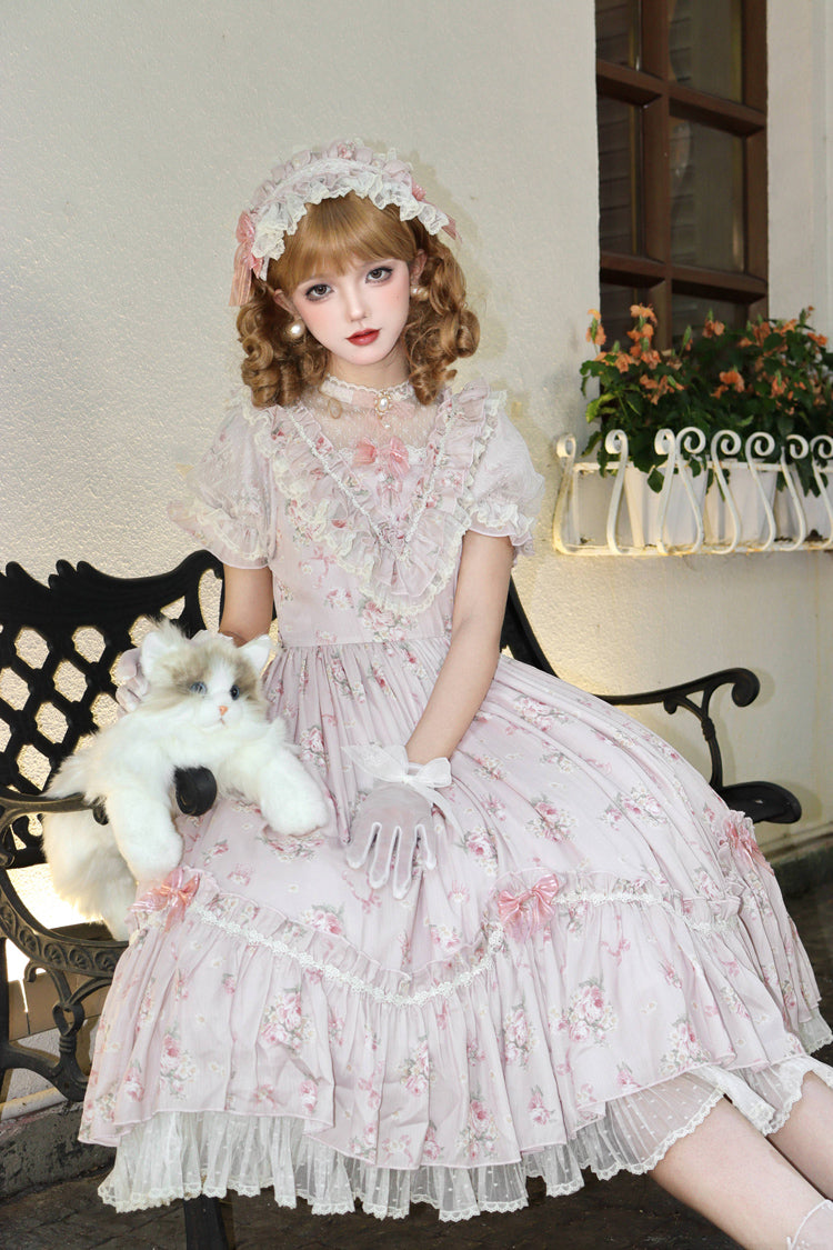Daydream Rose Floral Jacquard Print Ruffle Embroidered Bow Sweet Lolita Dress in Three Shades
