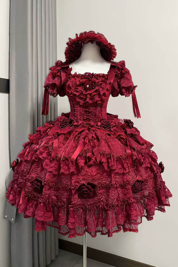 Crimson Rose Manor Square Neck Short Sleeve Ruffled Bow Lace Classic Lolita Gown