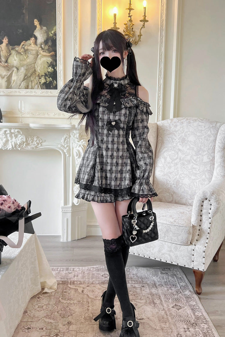 Sweet Off Shoulder Halterneck Long Sleeve Ruffled Bow Lace Jirai Kei Dress Shorts Set