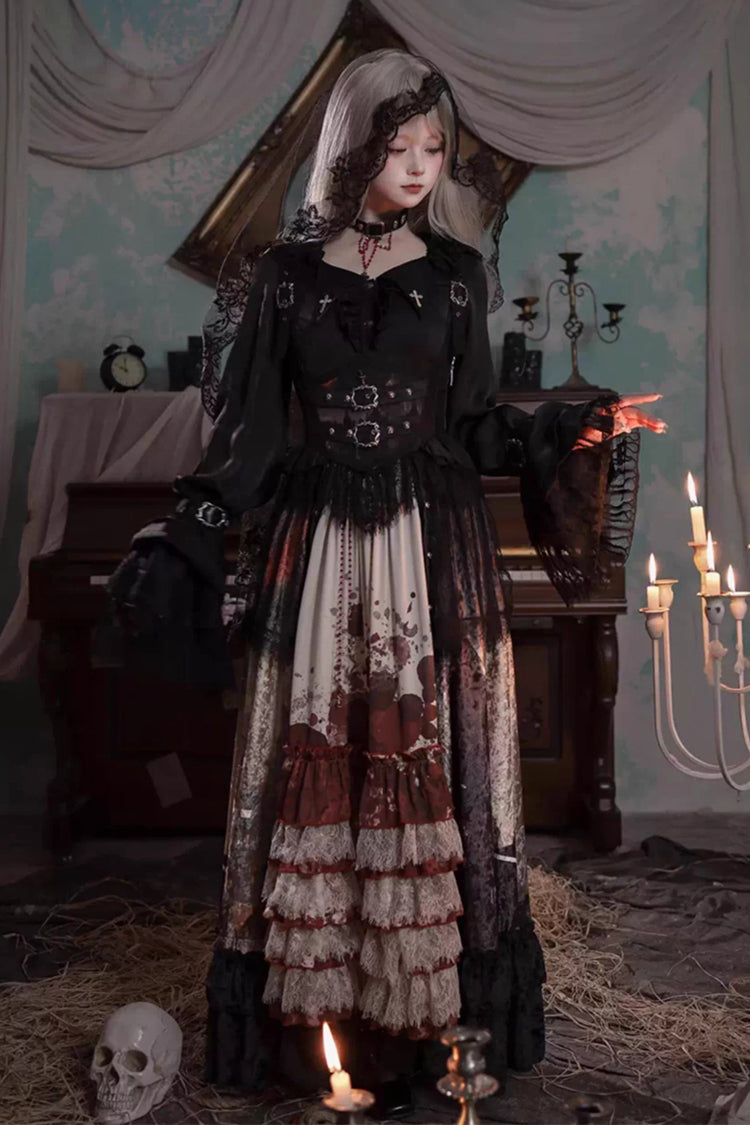 Sleeveless Multi-Layered Printed Ruffled Open-Front Gothic Plus Size Lolita Strap Dress
