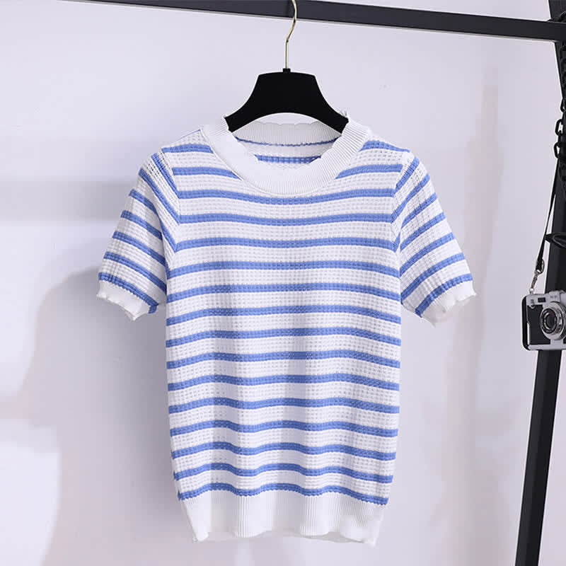 Blue Stripe Knitted T-Shirt High Waist Denim Skirt