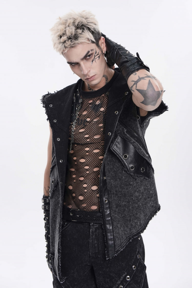 Noir Punk Vest with Hood and Buckle Accents