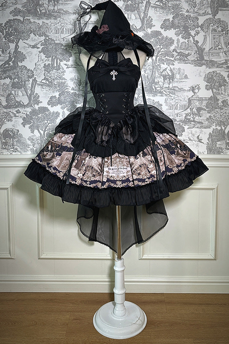 Noir Halter Neck Printed Ruffle Bow Drawstring Gothic Dress - The Mystery of The Doll