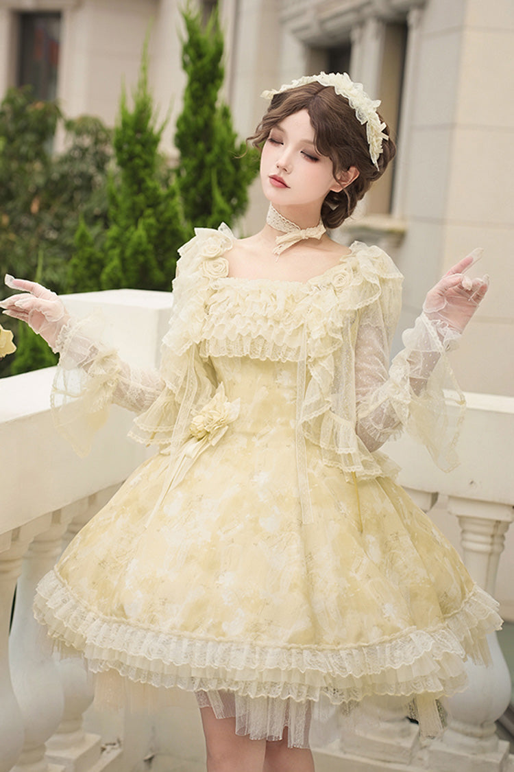 Golden Square Collar Flutter Sleeve Printed Ruffle Lace Sweet Elegant Short Dress - Falling Flowers as a Message