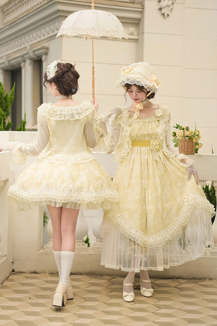Golden Square Collar Flutter Sleeve Printed Ruffle Lace Sweet Elegant Short Dress - Falling Flowers as a Message