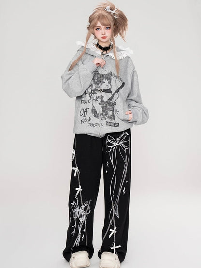 Grey Cat Print Lace Trim Zip Hoodie