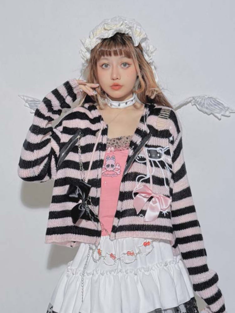 Pink Black Striped Bowknot Heart-shaped Knit Hooded Cardigan