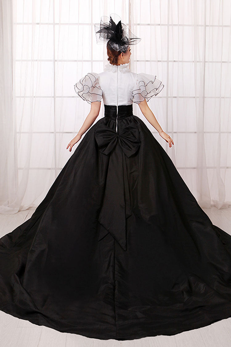 White and Black Short Sleeve Victorian Gown - Back Zipper Bowknot
