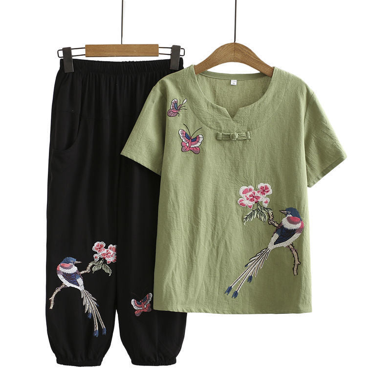 Vintage Bird Embroidery Buckle T-Shirt Pants Set