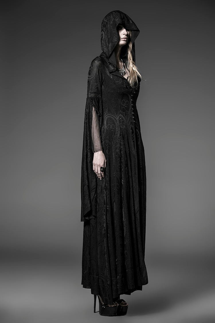 Women's Gothic Dress with Hooded Metal Buckle Long Trumpet Sleeves Embroidery