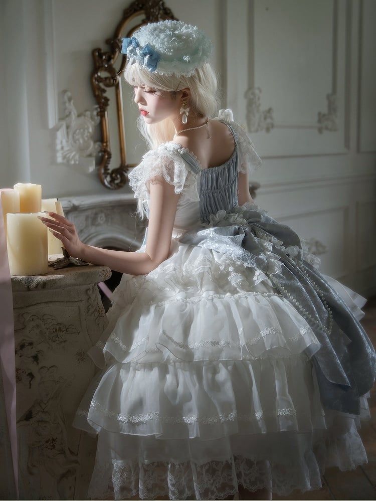 Dress Hime Tiered Skirt Lolita Bows and Hanayome White Blue Decoration