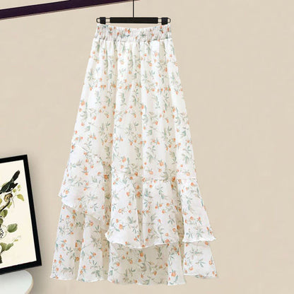 Floral Print Shoulder Chiffon Shirt Flowers Skirt