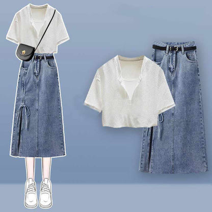 Fake Two Pieces Crop Top  T-Shirt Split Denim Skirt