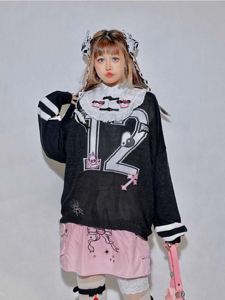 Black Kitty Spider Cross Skeleton Appliques Oversized Top